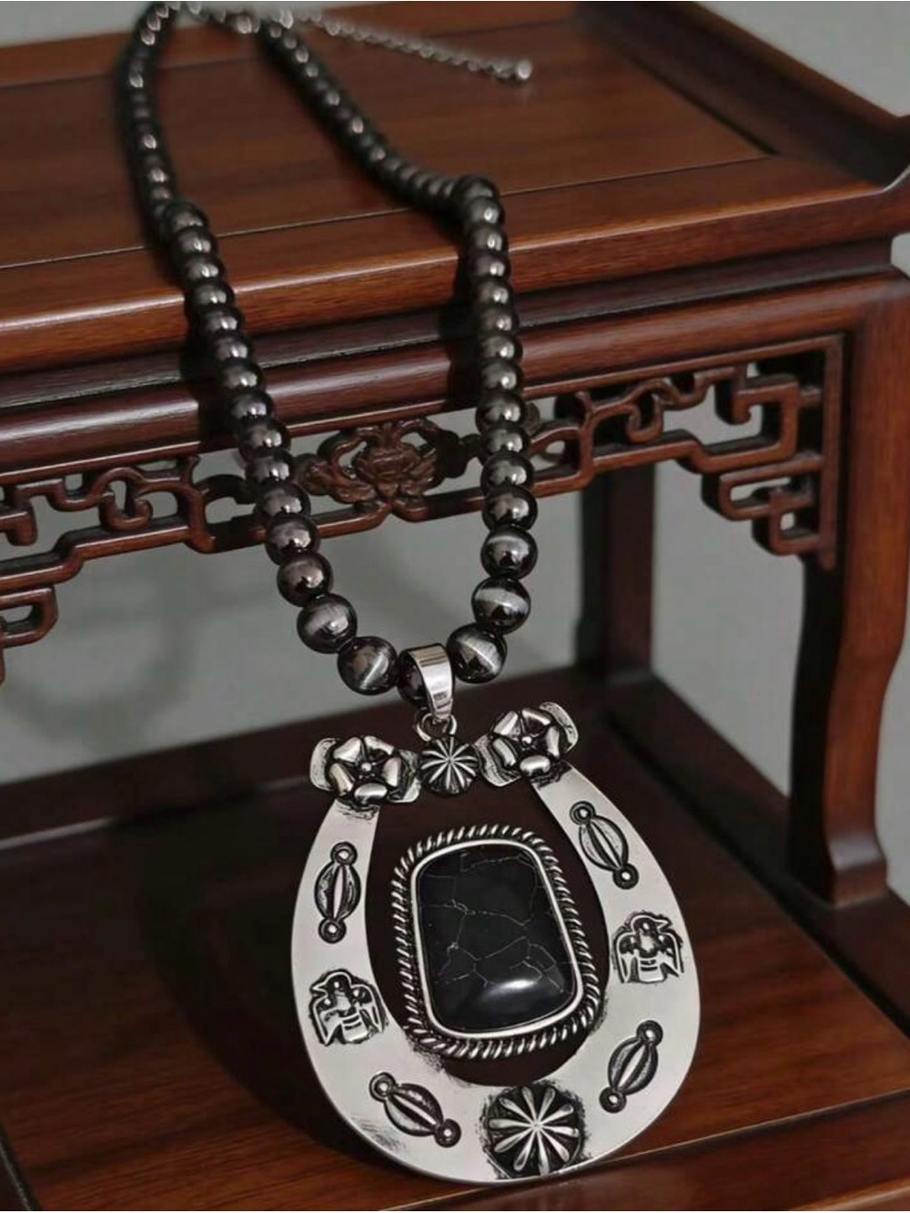 Men's Silver-Tone Black Stone Pendant Necklace